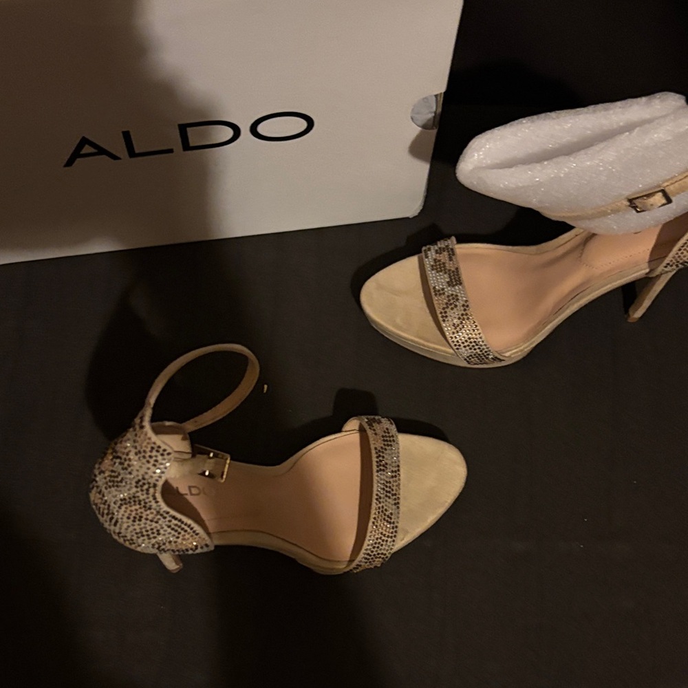 ALDO Snake-Print Beige/Tan Ankle-Strap Stiletto Heels - Picture 3 of 5
